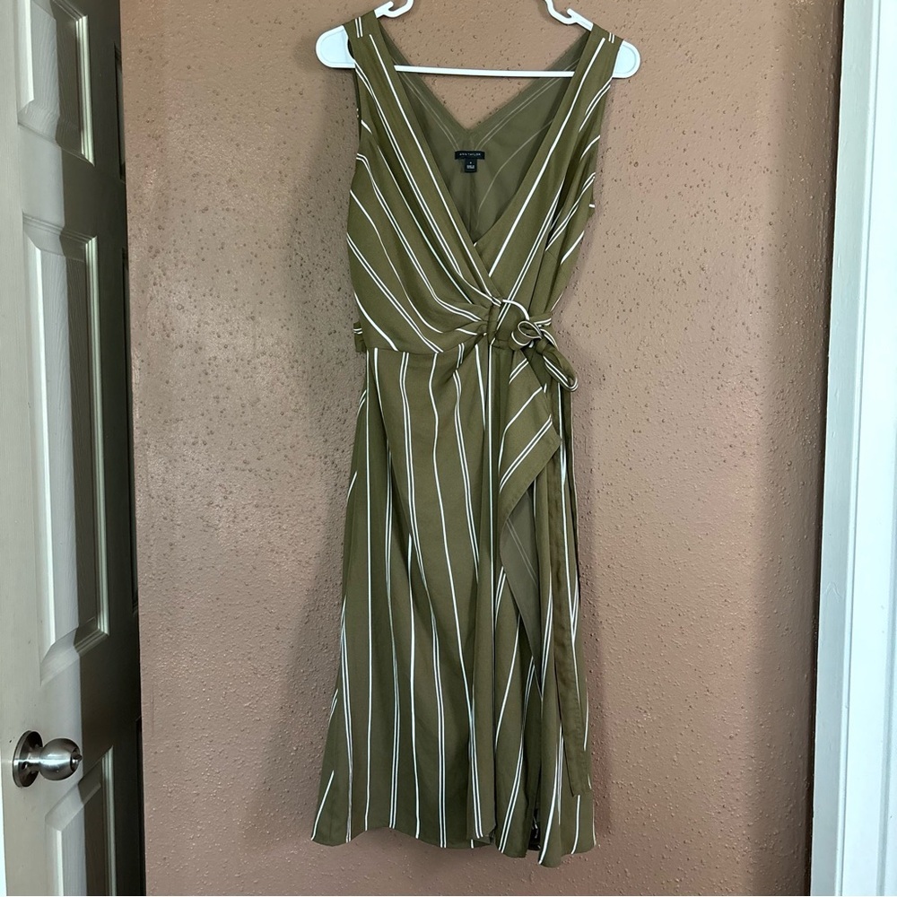 Ann Taylor Olive Green Striped Wrap Dress size 0